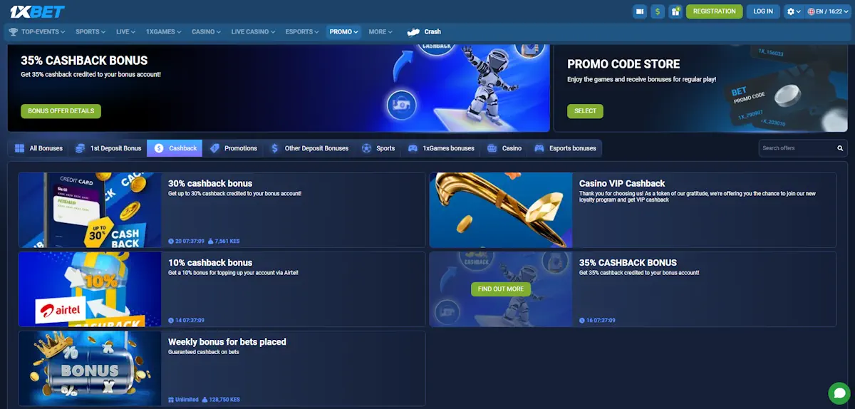 1xbet Casino and Sports Cashbacks Screenshot